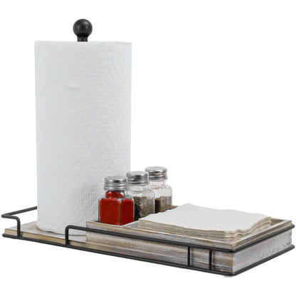 MyGift Rustic Wood & Metal Kitchen Caddy – Paper Towel, Napkin & Spice Holder