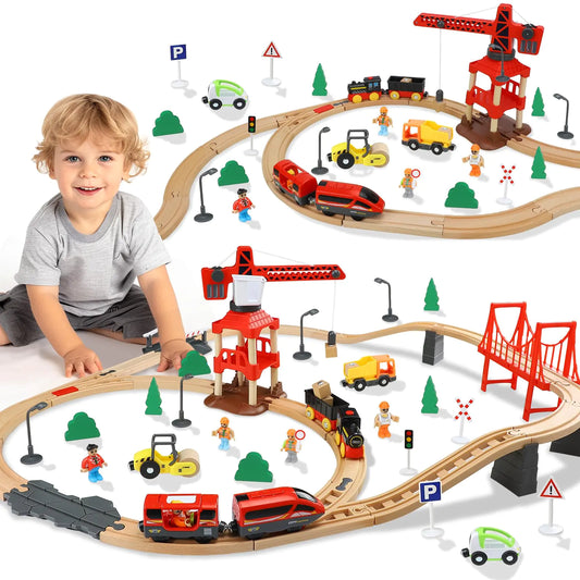 TOY Life 80-Piece Wooden Train Set with Crane & Locomotive